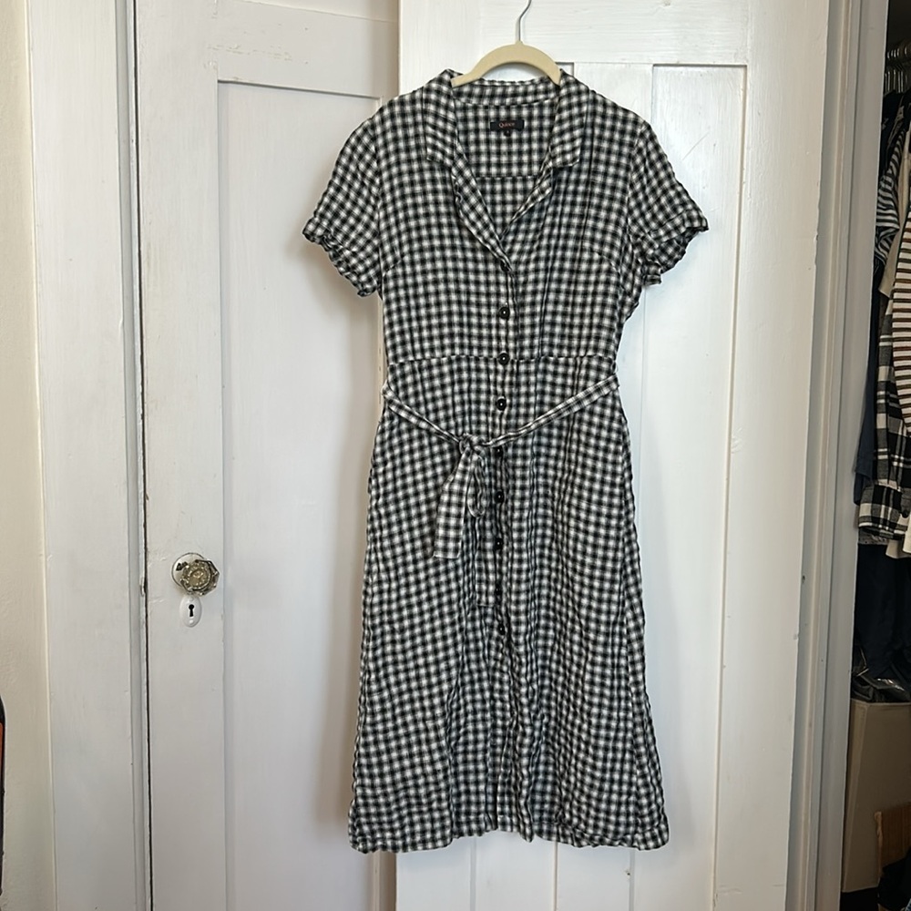 Quince 100% European Linen Button Front Dress Size Small in Khaki/Black Gingham